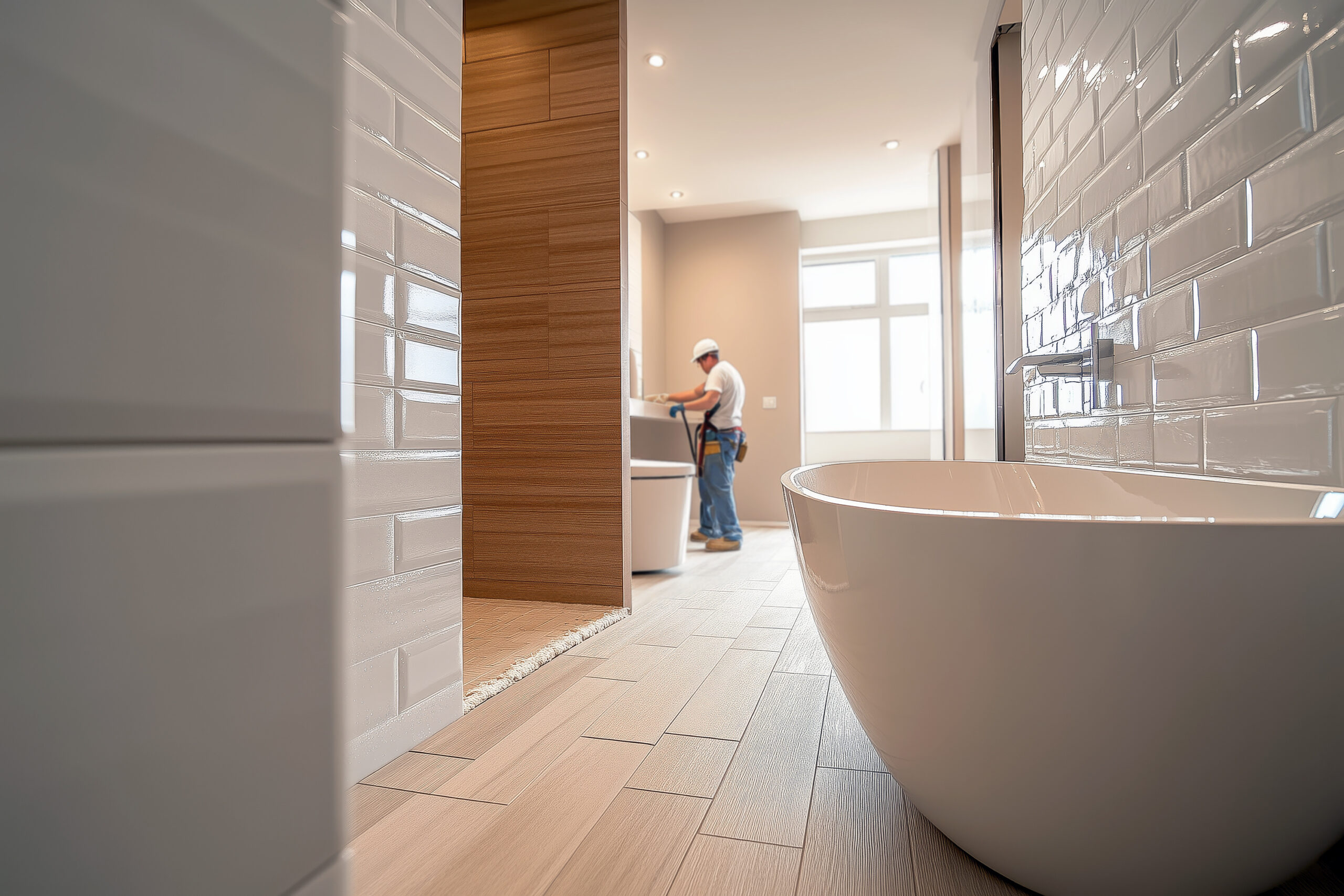 Bathroom renovation with new tiles being installed, worker in the background, modern sleek design