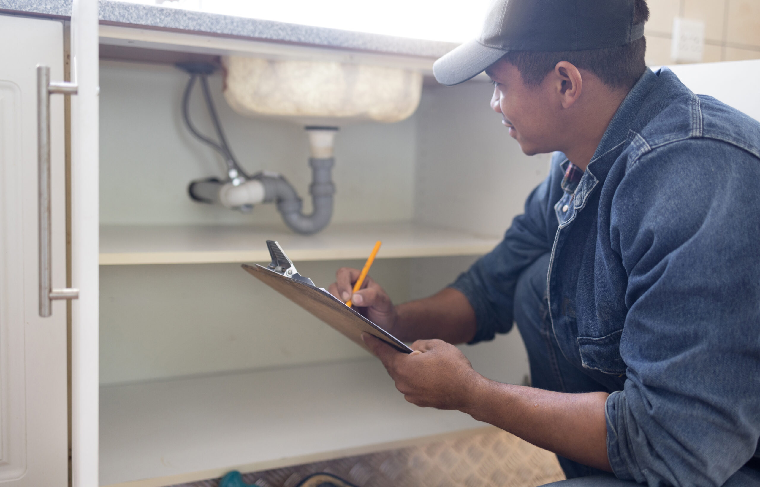 Plumber, sink maintenance document and plumbing check of a handyman in a kitchen Water pipe installation, home repair checklist and builder in a household for building construction and inspection