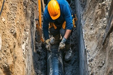 A construction worker installing underground pipes for a sewer system